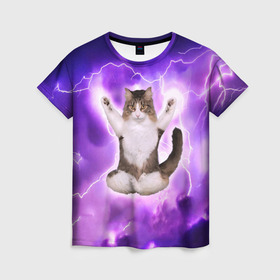 Женская футболка 3D с принтом Повелитель Молний | Котэ в Санкт-Петербурге, 100% полиэфир ( синтетическое хлопкоподобное полотно) | прямой крой, круглый вырез горловины, длина до линии бедер | cat | cats | kitten | kitty | memes | nice | punk | rain | yoga | грозы | дождь | йога | кот | котик | котики | котэ | кошка | медитация | мем | мемы | милая | милый | молнии | панк | приколы | рок | рэп | трэш