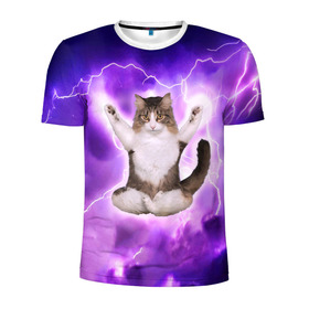 Мужская футболка 3D спортивная с принтом Повелитель Молний | Котэ в Санкт-Петербурге, 100% полиэстер с улучшенными характеристиками | приталенный силуэт, круглая горловина, широкие плечи, сужается к линии бедра | cat | cats | kitten | kitty | memes | nice | punk | rain | yoga | грозы | дождь | йога | кот | котик | котики | котэ | кошка | медитация | мем | мемы | милая | милый | молнии | панк | приколы | рок | рэп | трэш