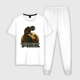 Мужская пижама хлопок с принтом T-Rex в Санкт-Петербурге, 100% хлопок | брюки и футболка прямого кроя, без карманов, на брюках мягкая резинка на поясе и по низу штанин
 | dino | dinosaurs | t rex | trex | вымирание | дино | динозавр | зубы | ледниковый | ледниковый период | мамонт | опасность | оскал | пасть | т рекс | ти рекс | тирекс | хвост | холод | чешуя