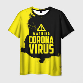 Мужская футболка 3D с принтом Warning Coronavirus в Санкт-Петербурге, 100% полиэфир | прямой крой, круглый вырез горловины, длина до линии бедер | 2019   ncov | coronavirus | covid | covid 19 | ncov | virus | арт | биологическая опасность | болезнь | вирус | знак | карантин | корона | коронавирус | короновирус | мем | мой руки | оставайся дома | пандемия | помой руки