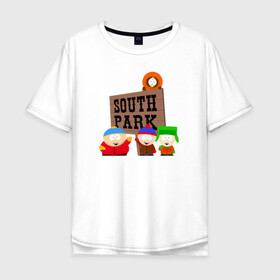 Мужская футболка хлопок Oversize с принтом South Park - персонажи с логотипом в Санкт-Петербурге, 100% хлопок | свободный крой, круглый ворот, “спинка” длиннее передней части | park | south | south park | картман | кени | они убили кени | парк | сволочи | южный | южный парк