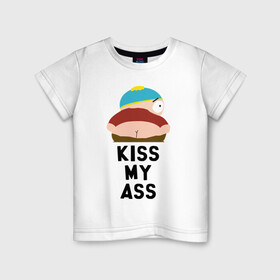 Детская футболка хлопок с принтом KISS MY ASS в Санкт-Петербурге, 100% хлопок | круглый вырез горловины, полуприлегающий силуэт, длина до линии бедер | cartman | kenny | park | south | southpark | картман | кенни | мульт | мультик | парк | персонаж | персонажи | сериал | южный