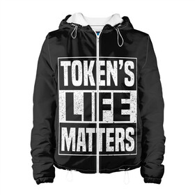 Женская куртка 3D с принтом TOKENS LIFE MATTERS в Санкт-Петербурге, ткань верха — 100% полиэстер, подклад — флис | прямой крой, подол и капюшон оформлены резинкой с фиксаторами, два кармана без застежек по бокам, один большой потайной карман на груди. Карман на груди застегивается на липучку | Тематика изображения на принте: cartman | kenny | park | south | southpark | картман | кенни | мульт | мультик | парк | персонаж | персонажи | сериал | южный