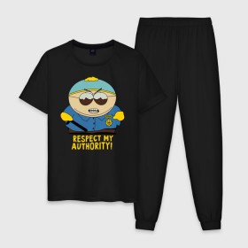 Мужская пижама хлопок с принтом South Park, Эрик Картман в Санкт-Петербурге, 100% хлопок | брюки и футболка прямого кроя, без карманов, на брюках мягкая резинка на поясе и по низу штанин
 | Тематика изображения на принте: eric cartman | respect my authority | south park | эрик картман | южный парк
