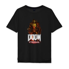Мужская футболка хлопок Oversize с принтом DOOM ETERNAL в Санкт-Петербурге, 100% хлопок | свободный крой, круглый ворот, “спинка” длиннее передней части | demons | devil | doom | doom eternal | doom guy | doom slayer | hell | slayer | ад | демоны | дум | палач рока