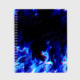 Тетрадь с принтом СИНИЙ ОГОНЬ ГЛИТЧ в Санкт-Петербурге, 100% бумага | 48 листов, плотность листов — 60 г/м2, плотность картонной обложки — 250 г/м2. Листы скреплены сбоку удобной пружинной спиралью. Уголки страниц и обложки скругленные. Цвет линий — светло-серый
 | abstraction | fire | flame | geometry | hexagon | neon | paints | stripes | texture | triangle | абстракция | брызги | геометрия | краски | неон | неоновый | огонь | соты | текстура