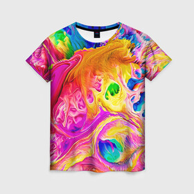 Женская футболка 3D с принтом TIE DYE в Санкт-Петербурге, 100% полиэфир ( синтетическое хлопкоподобное полотно) | прямой крой, круглый вырез горловины, длина до линии бедер | abstraction | geometry | hexagon | neon | paints | stripes | texture | tie dye | triangle | абстракция | брызги | геометрия | краски | неон | неоновый | соты | тай дай | текстура