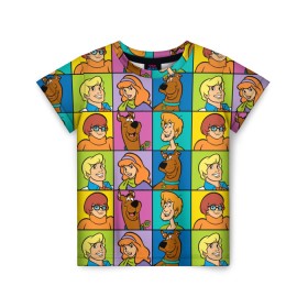 Детская футболка 3D с принтом Scooby-Doo Сharacters в Санкт-Петербурге, 100% гипоаллергенный полиэфир | прямой крой, круглый вырез горловины, длина до линии бедер, чуть спущенное плечо, ткань немного тянется | fred jones | scooby doo | vdosadir | velma dinkle | велма динкли | дафна блейк | скуберт фон дуенхеймер | скуби ду | уильям ханна | фред джонс