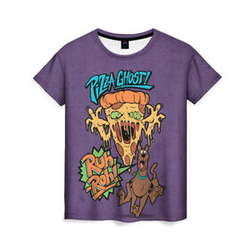 Женская футболка 3D с принтом Pizza Ghost ! в Санкт-Петербурге, 100% полиэфир ( синтетическое хлопкоподобное полотно) | прямой крой, круглый вырез горловины, длина до линии бедер | ruh roh | scooby doo | vdosadir | пицца | скуберт фон дуенхеймер | скуби ду | уильям ханна