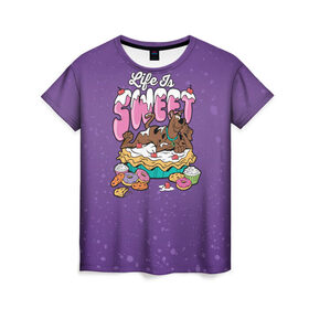 Женская футболка 3D с принтом Life is Sweet в Санкт-Петербурге, 100% полиэфир ( синтетическое хлопкоподобное полотно) | прямой крой, круглый вырез горловины, длина до линии бедер | scooby doo | vdosadir | скуберт фон дуенхеймер | скуби ду | сладости | уильям ханна