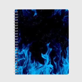 Тетрадь с принтом СИНИЙ ОГОНЬ в Санкт-Петербурге, 100% бумага | 48 листов, плотность листов — 60 г/м2, плотность картонной обложки — 250 г/м2. Листы скреплены сбоку удобной пружинной спиралью. Уголки страниц и обложки скругленные. Цвет линий — светло-серый
 | abstraction | blue fire | bones | fire | geometry | hexagon | neon | paints | skull | stripes | texture | triangle | абстракция | брызги | геометрия | краски | неон | неоновый | огонь | соты | текстура | черепа