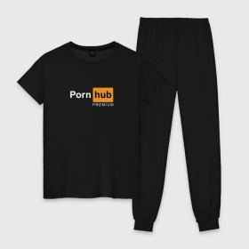Женская пижама хлопок с принтом PornHub premium в Санкт-Петербурге, 100% хлопок | брюки и футболка прямого кроя, без карманов, на брюках мягкая резинка на поясе и по низу штанин | premium | бесплатный прем | прем | премиальная | премиум | премиумная