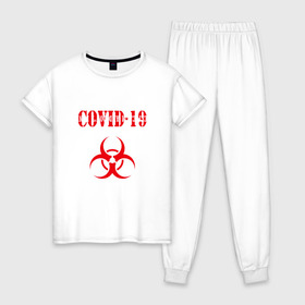 Женская пижама хлопок с принтом COVID-19 в Санкт-Петербурге, 100% хлопок | брюки и футболка прямого кроя, без карманов, на брюках мягкая резинка на поясе и по низу штанин | coronavirus | covid 19 | keep calm | virus | будь спокоен | вирус | ковид 19 | корона вирус | коронавирус | короновирус | пандемия | т вирус | эпидемия