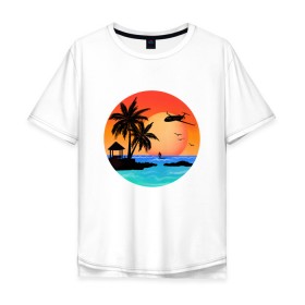 Мужская футболка хлопок Oversize с принтом Закат на море в Санкт-Петербурге, 100% хлопок | свободный крой, круглый ворот, “спинка” длиннее передней части | закат | лодка | море | океан | отдых | отпуск | пальма | птицы | самолет | солнце | яркая