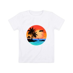 Детская футболка хлопок с принтом Закат на море в Санкт-Петербурге, 100% хлопок | круглый вырез горловины, полуприлегающий силуэт, длина до линии бедер | закат | лодка | море | океан | отдых | отпуск | пальма | птицы | самолет | солнце | яркая