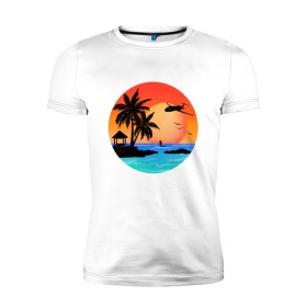 Мужская футболка премиум с принтом Закат на море в Санкт-Петербурге, 92% хлопок, 8% лайкра | приталенный силуэт, круглый вырез ворота, длина до линии бедра, короткий рукав | закат | лодка | море | океан | отдых | отпуск | пальма | птицы | самолет | солнце | яркая
