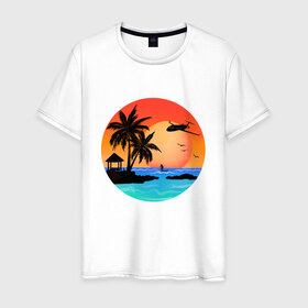 Мужская футболка хлопок с принтом Закат на море в Санкт-Петербурге, 100% хлопок | прямой крой, круглый вырез горловины, длина до линии бедер, слегка спущенное плечо. | закат | лодка | море | океан | отдых | отпуск | пальма | птицы | самолет | солнце | яркая