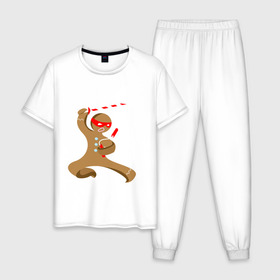 Мужская пижама хлопок с принтом Пряничный ниндзя в Санкт-Петербурге, 100% хлопок | брюки и футболка прямого кроя, без карманов, на брюках мягкая резинка на поясе и по низу штанин
 | айкидо | кунг фу | ниндзя | пряничный человечек