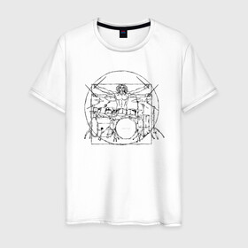 Мужская футболка хлопок с принтом Витрувианский барабанщик в Санкт-Петербурге, 100% хлопок | прямой крой, круглый вырез горловины, длина до линии бедер, слегка спущенное плечо. | Тематика изображения на принте: барабанщик | витрувианский человек | да винчи | рок | ударные