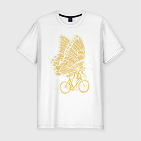 Мужская футболка хлопок Slim с принтом Бабочка на велосипеде в Санкт-Петербурге, 92% хлопок, 8% лайкра | приталенный силуэт, круглый вырез ворота, длина до линии бедра, короткий рукав | бабочка | велосипед | велоспорт | зож