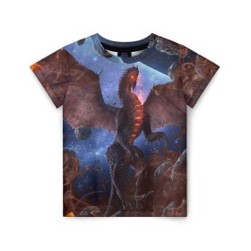 Детская футболка 3D с принтом SPACE FIRE DRAGO в Санкт-Петербурге, 100% гипоаллергенный полиэфир | прямой крой, круглый вырез горловины, длина до линии бедер, чуть спущенное плечо, ткань немного тянется | dragon | fire | monster | space | драго | дракон | космический | космос | монстр | огнедыщащий | огонь | прикольная картинка | чудовище | ящерица