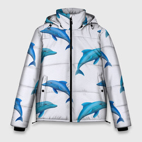 Мужская зимняя куртка 3D с принтом Рай для дельфина в Санкт-Петербурге, верх — 100% полиэстер; подкладка — 100% полиэстер; утеплитель — 100% полиэстер | длина ниже бедра, свободный силуэт Оверсайз. Есть воротник-стойка, отстегивающийся капюшон и ветрозащитная планка. 

Боковые карманы с листочкой на кнопках и внутренний карман на молнии. | Тематика изображения на принте: арт | дельфин | дельфины | искусство | морское | океан | паттерн | рыба | рыбы