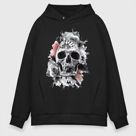 Мужское худи Oversize хлопок с принтом Skull в Санкт-Петербурге, френч-терри — 70% хлопок, 30% полиэстер. Мягкий теплый начес внутри —100% хлопок | боковые карманы, эластичные манжеты и нижняя кромка, капюшон на магнитной кнопке | flower | grin | jaw | orbits | rose | skull | teeth | глазницы | зубы | оскал | пасть | роза | цветок | череп