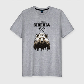 Мужская футболка премиум с принтом Сибирь в Санкт-Петербурге, 92% хлопок, 8% лайкра | приталенный силуэт, круглый вырез ворота, длина до линии бедра, короткий рукав | siberia | лес | медведь | русский мишка | сибирь | сибиряк | тайга | топоры