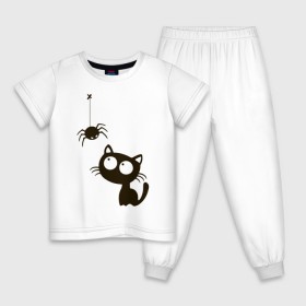 Детская пижама хлопок с принтом Котик и паучек в Санкт-Петербурге, 100% хлопок |  брюки и футболка прямого кроя, без карманов, на брюках мягкая резинка на поясе и по низу штанин
 | высказывание | идея | котик | манера | мемы | паук | разные | рисунок | символ