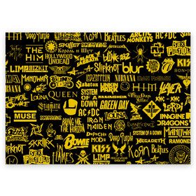 Поздравительная открытка с принтом Логотипы рок групп GOLD в Санкт-Петербурге, 100% бумага | плотность бумаги 280 г/м2, матовая, на обратной стороне линовка и место для марки
 | ac dc | deep purple | him | hollywood undead | iron maiden | kiss | limp bizkit | linkin park | louna | manowar | metallica | rammstein | slipknot | thirty seconds to mars | алиса | групп | логотипы | луна | рок