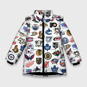 Зимняя куртка для девочек 3D с принтом Логотипы НХЛ в Санкт-Петербурге, ткань верха — 100% полиэстер; подклад — 100% полиэстер, утеплитель — 100% полиэстер. | длина ниже бедра, удлиненная спинка, воротник стойка и отстегивающийся капюшон. Есть боковые карманы с листочкой на кнопках, утяжки по низу изделия и внутренний карман на молнии. 

Предусмотрены светоотражающий принт на спинке, радужный светоотражающий элемент на пуллере молнии и на резинке для утяжки. | capitals | nhl | penguins | pittsburgh | washington | блюз | бостон | брюинз | вашингтон | детройт | кэпиталз | логотипы нхл | нью йорк | пингвинз | питтсбург | рейнджерс | сан хосе шаркс | сент луис | тампа бэй
