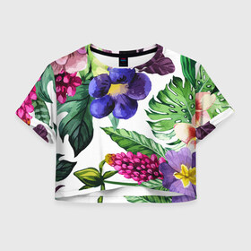 Женская футболка Crop-top 3D с принтом Цветы в Санкт-Петербурге, 100% полиэстер | круглая горловина, длина футболки до линии талии, рукава с отворотами | big picture | лето | листья | прикольные картинки | тропические | цветы