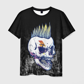 Мужская футболка 3D с принтом Череп с ирокезы в Санкт-Петербурге, 100% полиэфир | прямой крой, круглый вырез горловины, длина до линии бедер | pank | rock | skull | ирокез | модная | модный | музыка | панк | рок | рокер | скелет | череп