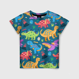Детская футболка 3D с принтом Арт с динозаврами в Санкт-Петербурге, 100% гипоаллергенный полиэфир | прямой крой, круглый вырез горловины, длина до линии бедер, чуть спущенное плечо, ткань немного тянется | dinosaurs | динозавр | динозавры | животные | игрушки | мульт динозавры | мультяшки динозавры | тираннозавр
