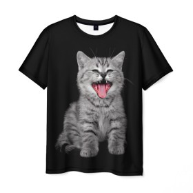 Мужская футболка 3D с принтом Кричащий кот. в Санкт-Петербурге, 100% полиэфир | прямой крой, круглый вырез горловины, длина до линии бедер | животные | звери | зевающий кот | кися | кот | котенок | котики | коты | кричащий кот | минимализм | питомцы | прикольные картинки