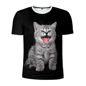 Мужская футболка 3D спортивная с принтом Кричащий кот. в Санкт-Петербурге, 100% полиэстер с улучшенными характеристиками | приталенный силуэт, круглая горловина, широкие плечи, сужается к линии бедра | животные | звери | зевающий кот | кися | кот | котенок | котики | коты | кричащий кот | минимализм | питомцы | прикольные картинки