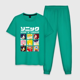 Мужская пижама хлопок с принтом Японский Sonic в Санкт-Петербурге, 100% хлопок | брюки и футболка прямого кроя, без карманов, на брюках мягкая резинка на поясе и по низу штанин
 | Тематика изображения на принте: 16бит | 8бит | dendy | hedgehog | japan | movie | sega | sonic | the | в японском стиле | винтаж | денди | ёжик | игра | иероглифы | йероглифы | кино | сега | соник | фильм | японский