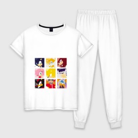 Женская пижама хлопок с принтом Японский Sonic в Санкт-Петербурге, 100% хлопок | брюки и футболка прямого кроя, без карманов, на брюках мягкая резинка на поясе и по низу штанин | Тематика изображения на принте: 16бит | 8бит | dendy | hedgehog | japan | movie | sega | sonic | the | в японском стиле | винтаж | денди | ёжик | игра | иероглифы | йероглифы | кино | сега | соник | фильм | японский