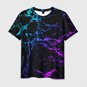 Мужская футболка 3D с принтом МРАМОР NEON в Санкт-Петербурге, 100% полиэфир | прямой крой, круглый вырез горловины, длина до линии бедер | neon | мрамор | неон | полосы | текстура | трещины | фиолетовый | цветной | яркий