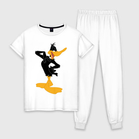 Женская пижама хлопок с принтом Даффи Дак в Санкт-Петербурге, 100% хлопок | брюки и футболка прямого кроя, без карманов, на брюках мягкая резинка на поясе и по низу штанин | daffy duck | looney tunes | vdzabma | даффи дак | луни тюнз