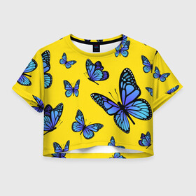 Женская футболка Crop-top 3D с принтом БАБОЧКИ в Санкт-Петербурге, 100% полиэстер | круглая горловина, длина футболки до линии талии, рукава с отворотами | animals | blue | butterflies | game | insects | life is strange | moth | wings | бабочки | животные | игра | крылья | мотылек | насекомые