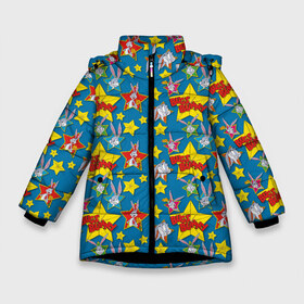 Зимняя куртка для девочек 3D с принтом Багз Банни паттерн в Санкт-Петербурге, ткань верха — 100% полиэстер; подклад — 100% полиэстер, утеплитель — 100% полиэстер. | длина ниже бедра, удлиненная спинка, воротник стойка и отстегивающийся капюшон. Есть боковые карманы с листочкой на кнопках, утяжки по низу изделия и внутренний карман на молнии. 

Предусмотрены светоотражающий принт на спинке, радужный светоотражающий элемент на пуллере молнии и на резинке для утяжки. | bugs bunny | looney tunes | vdzabma | багз банни | луни тюнз