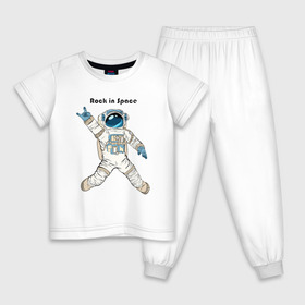 Детская пижама хлопок с принтом Rock in Space в Санкт-Петербурге, 100% хлопок |  брюки и футболка прямого кроя, без карманов, на брюках мягкая резинка на поясе и по низу штанин
 | Тематика изображения на принте: cosmonaut | rock | rock n roll | space | космонавт | космос | рок