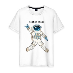 Мужская футболка хлопок с принтом Rock in Space в Санкт-Петербурге, 100% хлопок | прямой крой, круглый вырез горловины, длина до линии бедер, слегка спущенное плечо. | cosmonaut | rock | rock n roll | space | космонавт | космос | рок