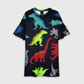 Детское платье 3D с принтом Динозавры в Санкт-Петербурге, 100% полиэстер | прямой силуэт, чуть расширенный к низу. Круглая горловина, на рукавах — воланы | Тематика изображения на принте: деская маска | динозавр | динозавры | животные | маска | прикольные