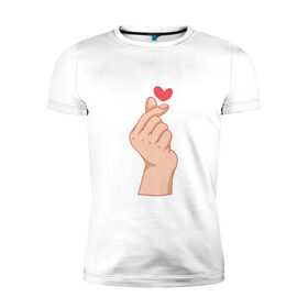 Мужская футболка премиум с принтом Корейское сердечко в Санкт-Петербурге, 92% хлопок, 8% лайкра | приталенный силуэт, круглый вырез ворота, длина до линии бедра, короткий рукав | жест | жесты | корейское сердечко | корейцы | люблю | люблю тебя | любовь | популярное | сердечко | сердце | симпатия | я люблю