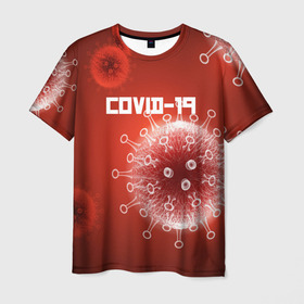 Мужская футболка 3D с принтом COVID-19 в Санкт-Петербурге, 100% полиэфир | прямой крой, круглый вырез горловины, длина до линии бедер | covid 19 | molecule | абстракция | клетки | коронавирус | медицина | микробы | молекулы | наука | нейрон | нейроны | текстура | текстуры | формула