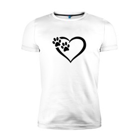 Мужская футболка премиум с принтом СЕРДЕЧКО в Санкт-Петербурге, 92% хлопок, 8% лайкра | приталенный силуэт, круглый вырез ворота, длина до линии бедра, короткий рукав | Тематика изображения на принте: animals | cat | dog | footprints | heart | love | paws | prints | romance | valentines day | wolf | амур | валентинка | влюбленные | волк | день святого валентина | животные | кот | лапы | любовь | отпечатки | романтика | сердечко | сердце