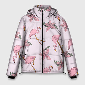 Мужская зимняя куртка 3D с принтом Розовый фламинго в Санкт-Петербурге, верх — 100% полиэстер; подкладка — 100% полиэстер; утеплитель — 100% полиэстер | длина ниже бедра, свободный силуэт Оверсайз. Есть воротник-стойка, отстегивающийся капюшон и ветрозащитная планка. 

Боковые карманы с листочкой на кнопках и внутренний карман на молнии. | Тематика изображения на принте: doodling | textures | tiles | дудлинг | лист | листья | паттерн | природа | птица | птицы | розовый | розовый фламинго | тайлы | текстуры | узор | узоры | фламинго | фон | цветок | цветы