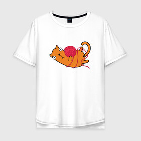 Мужская футболка хлопок Oversize с принтом What? в Санкт-Петербурге, 100% хлопок | свободный крой, круглый ворот, “спинка” длиннее передней части | cartoon | cat | kitty | вязание | игра | играет | клубок | кот | котёнок | котик | кошка | мультяшный | нитки | персонаж | рисованый | розовый | симпатичный | удивление | шутка | юмор